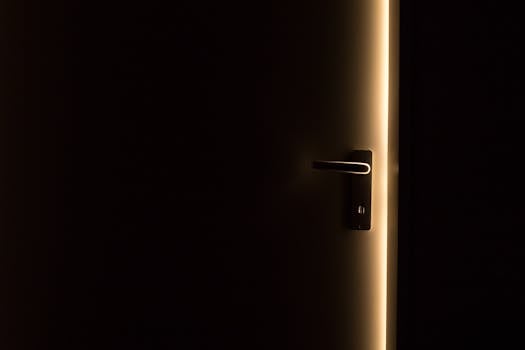 A dark room with a door slightly ajar, revealing a glowing light through the opening.